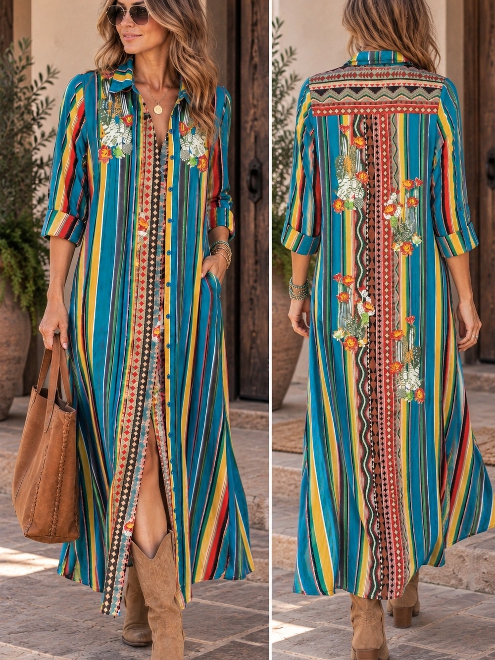 Andree By Unit Boho Stripe Floral Embroidered Maxi Shirt Dress Or Duster